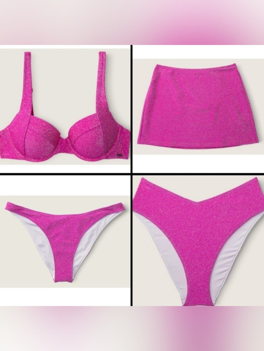 XXL/L 4-Set PINK Shimmer PushUp Brazilian High Waist Skirt Bikini Set